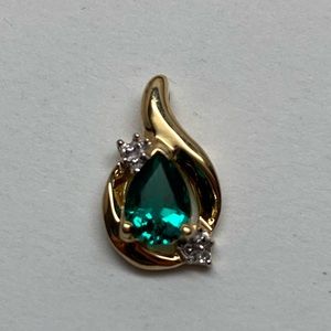 10K Yellow Gold Pear Shape Chatham Emerald Gemstone and Diamond Accent Pendant